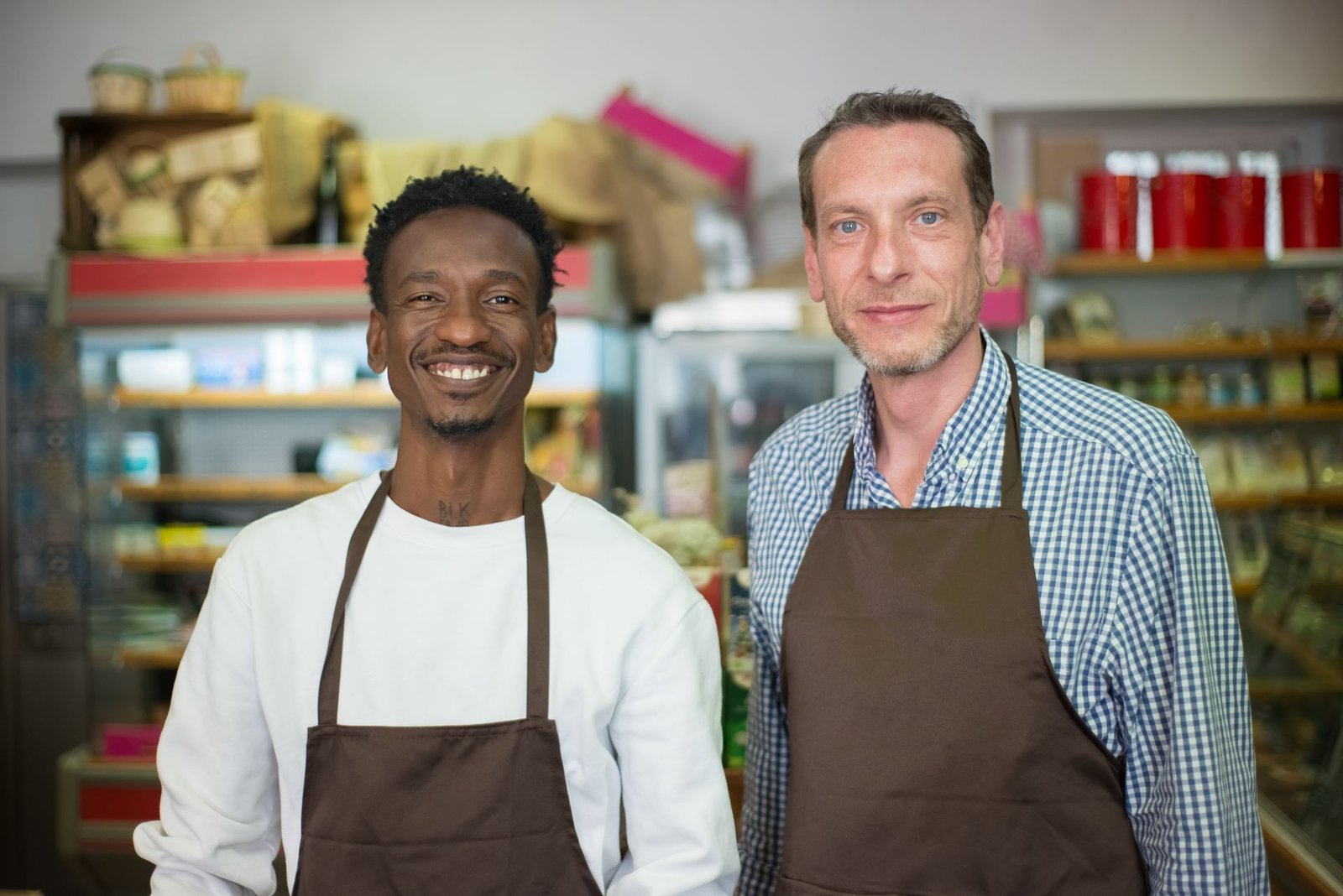 Dois donos de mercearia sorrindo, de avental, dentro da loja