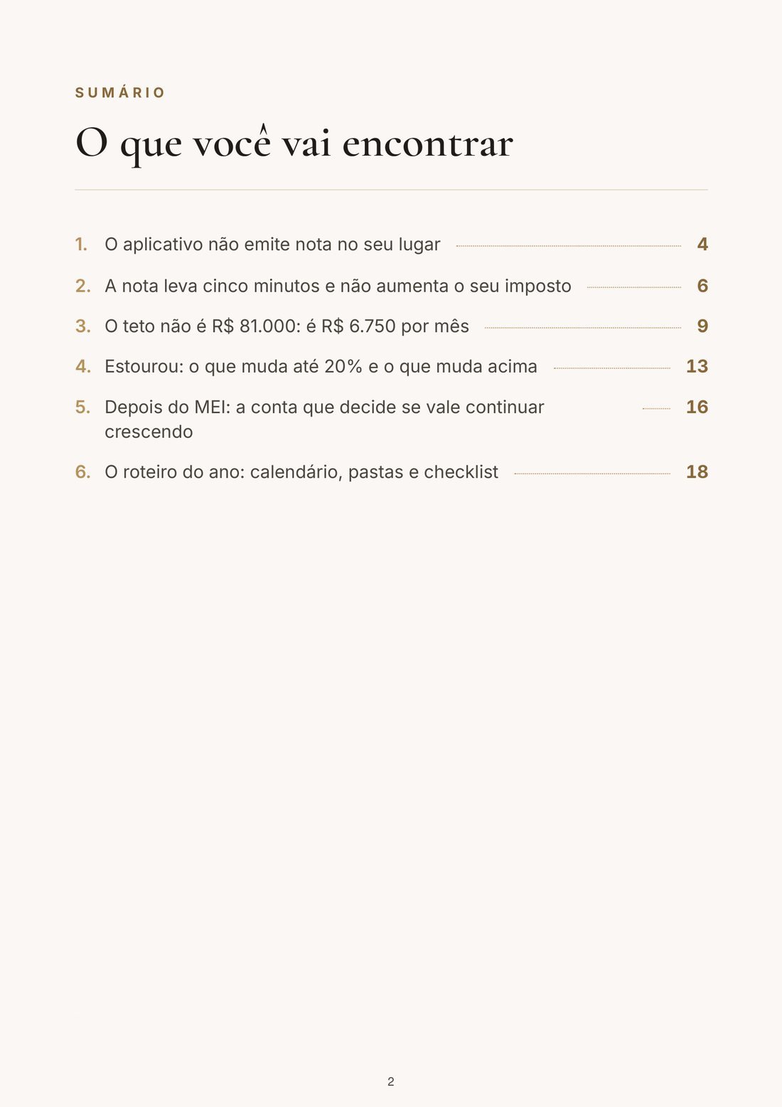 Página do sumário do ebook Você Estoura o Teto do MEI Antes de Perceber