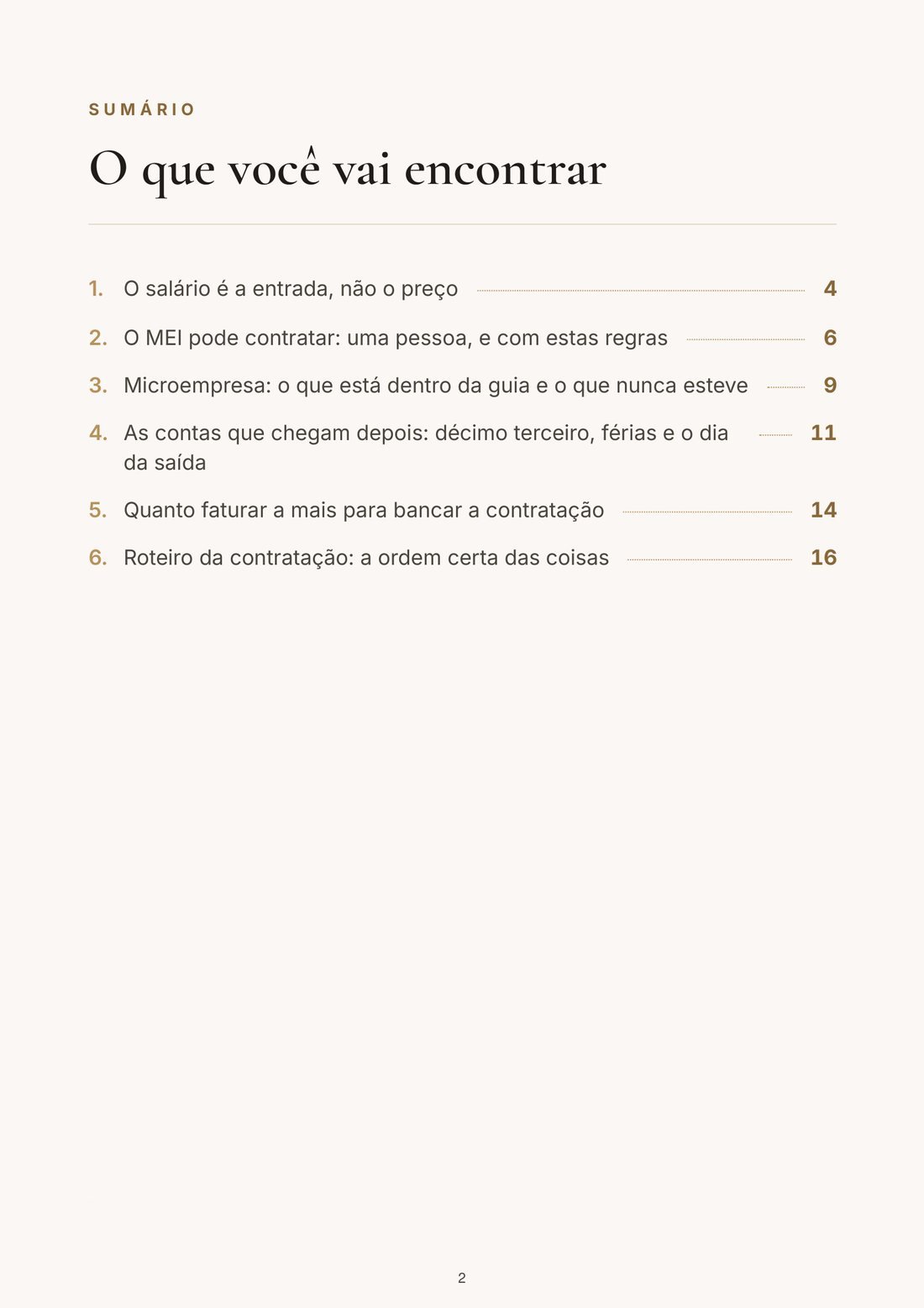 Página do sumário do ebook O Primeiro Funcionário Custa Mais do Que o Salário